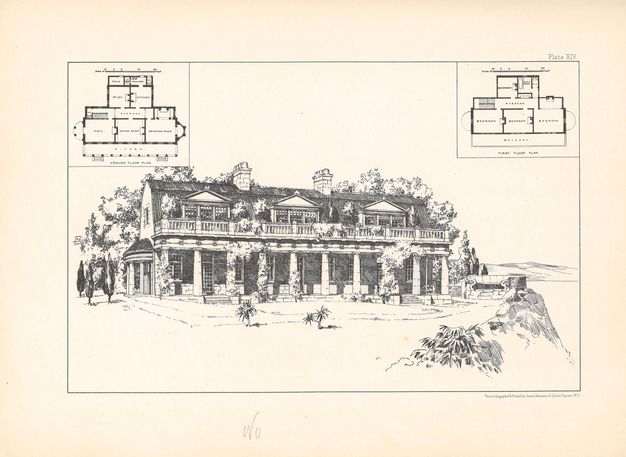Monochrome architectural illustration of a two-story home. Its exterior facade is lined with Doric columns supporting an overhang, creating a covered veranda on the ground floor. Floorplans of both stories are included in the upper corners of the illustration.