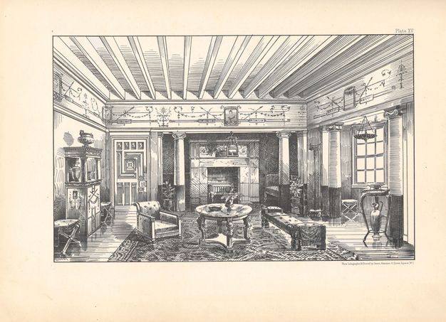 Monochrome architectural illustration of a drawing room decorated with various classical motifs, such as vases, hanging lamps, and Ionic columns. The frieze contains decorative murals of vines and a peacock standing on a lattice balustrade.