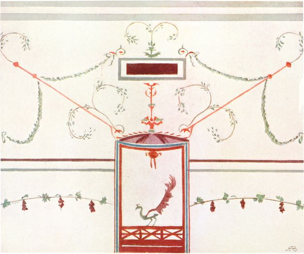 Reproduction of a watercolor illustration of a decorative design that features curly vines surrounding a bordered, enclosed area with a greenish blue and red peacock standing on a fence. The peacock’s tail feathers are raised in the exact same pose as the peacock on the Getty fresco.