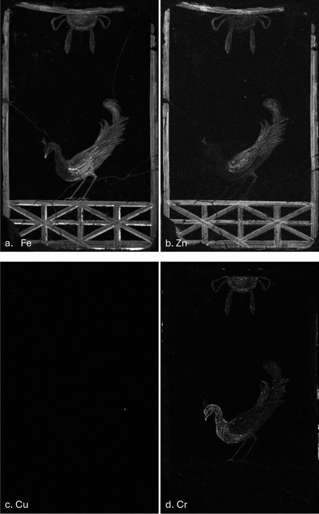 Four mostly black images of the peacock mural, in which different areas appear in white to indicate the metallic element present.