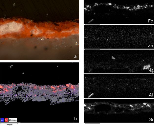 In the visible image, a prominent orange band appears mid-height and is interspersed with much lighter blotches. In the overlaid SEM image, a prominent gray band appears mid-height, where patches of red occur along with a sparse blue scattering, indicating the presence of iron and zinc, respectively. The MA-XRF scans show white spots against black backgrounds.