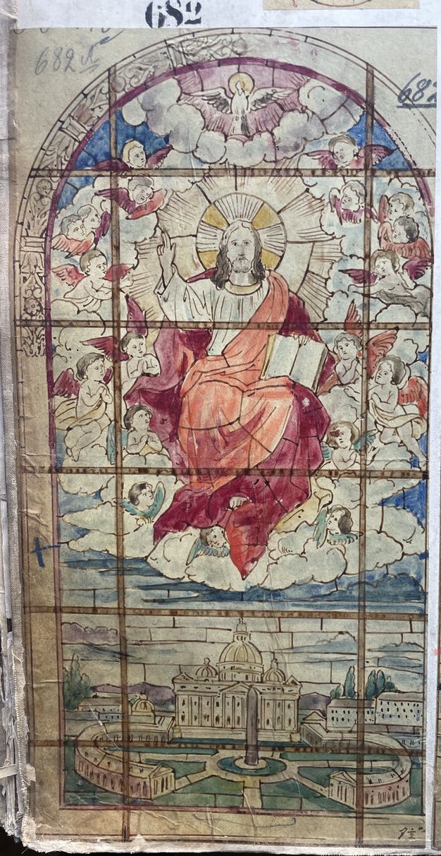Color drawing of a stained glass window in which a host of angels surround a seated Christ as he hovers above Saint Peter’s Square, an open book in his left hand.