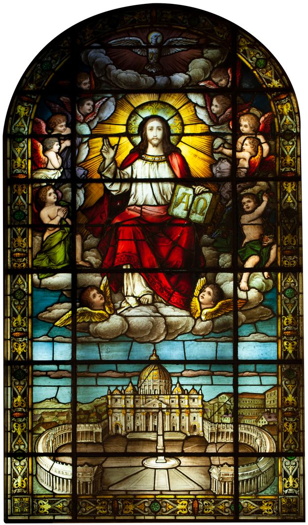 Shown in silhouetted format, the completed stained glass window depicts Christ, the Holy Spirit, and Saint Peter’s Square.