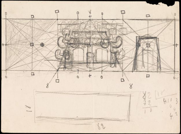 A pencil sketch shows a wall with mural elements, including two windows at the center and a door to the right, analyzed with grids and orthogonal lines. Around the windows, a cluster of busy overlapping loops and squiggles form a rough pyramid shape. An equation and more numbers, perhaps to determine the wall’s dimensions, are on the bottom right.