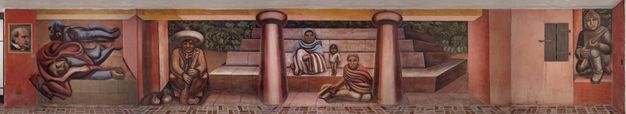 Panoramic mural with trompe l’oeil architectural features including two columns and a low-lying stone pyramid. The figures include two seated peasant women flanking a child, a rifled man with a broad-brimmed hat seated next to bags of money, two men in a suffering horizontal pose, and a soldier with a red star on his cap crouching, holding a rifle.