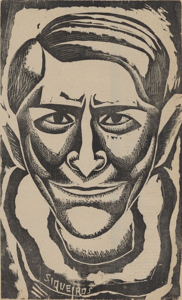 A high-contrast woodcut in black ink shows the face of a man with furrowed brows, parted short hair, and the trace of a smile. The signature “Siqueiros” appears near the bottom edge.