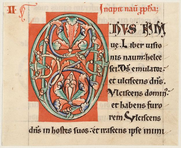 A green initial filled with foliate ornament in blue and orange-red, within a cruciform red background.