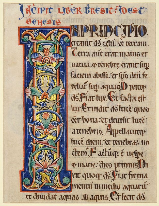 A red-outlined initial filled with burnished gold and blue, green, and orange-red foliate ornament, within a blue background.