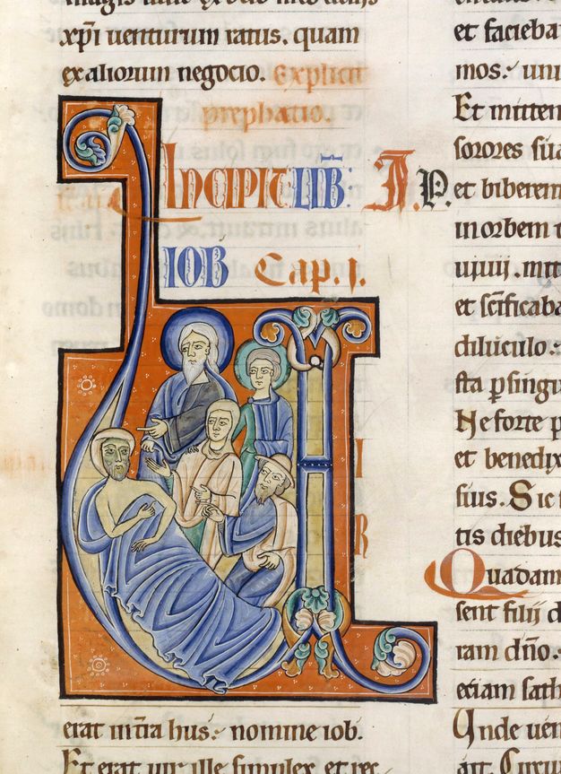 Job in bed with attendees within a blue and gold initial on an orange-red background.