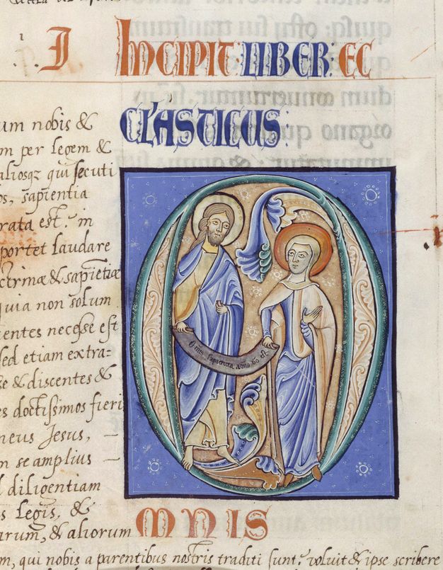 Full-length man and woman with halos within a green initial on a black-outlined blue, rectangular background.