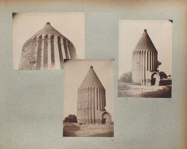 Flat, blue-gray double-page spread with three photographs (left) and three views of a conically-roofed brick tower (right).