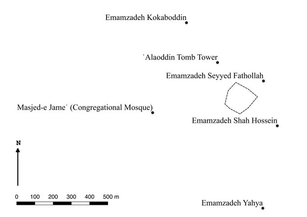 A map identifying six named sites with black dots in relation to the sketched boundaries of the citadel site.