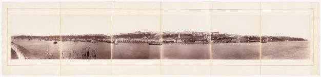 Sepia-toned, horizontal print showing boats and land dotted with buildings, with folds dividing its six parts.