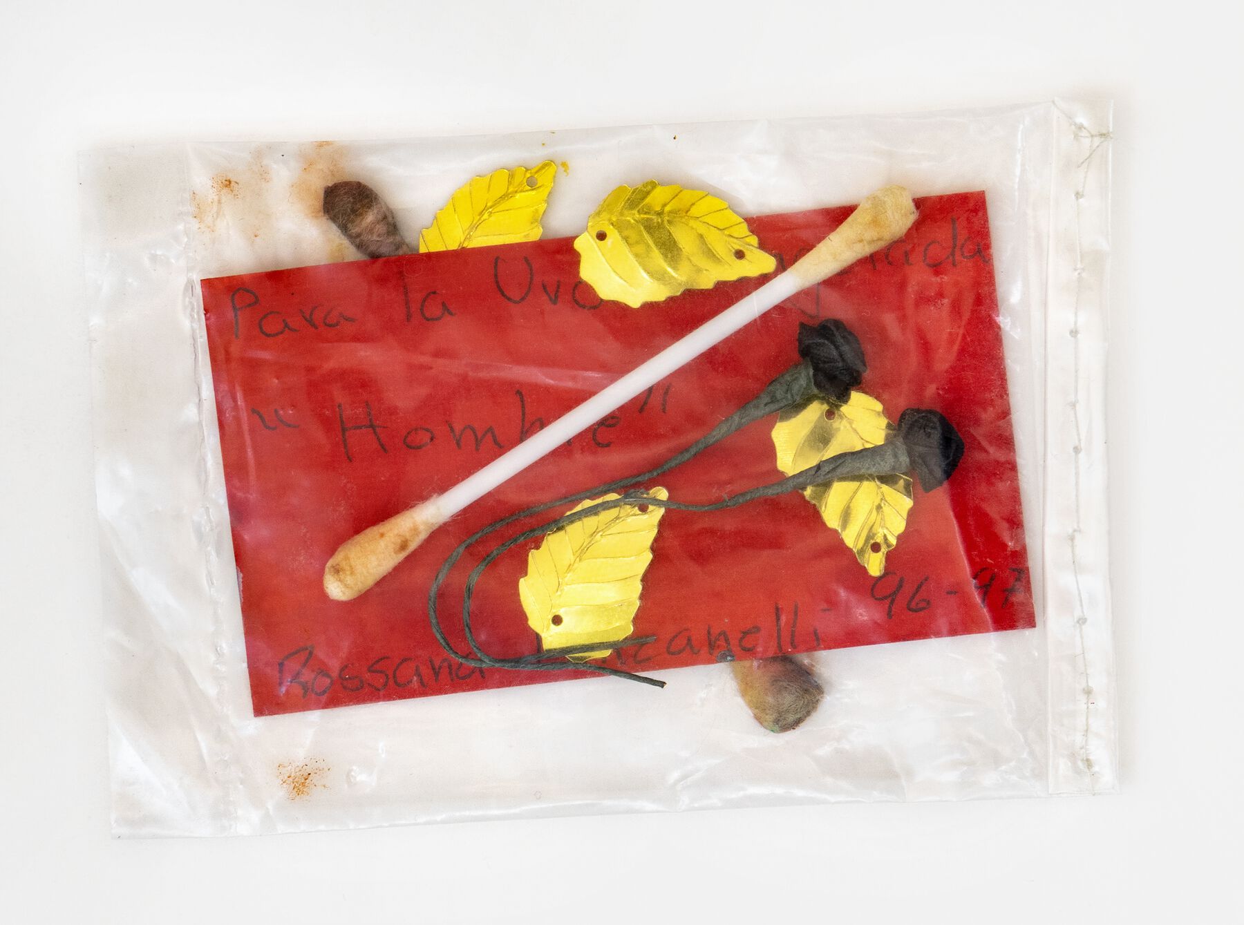 plastic packet containing a red note with a dirty ear swab while decorative golden leaves scatter throughout the packet