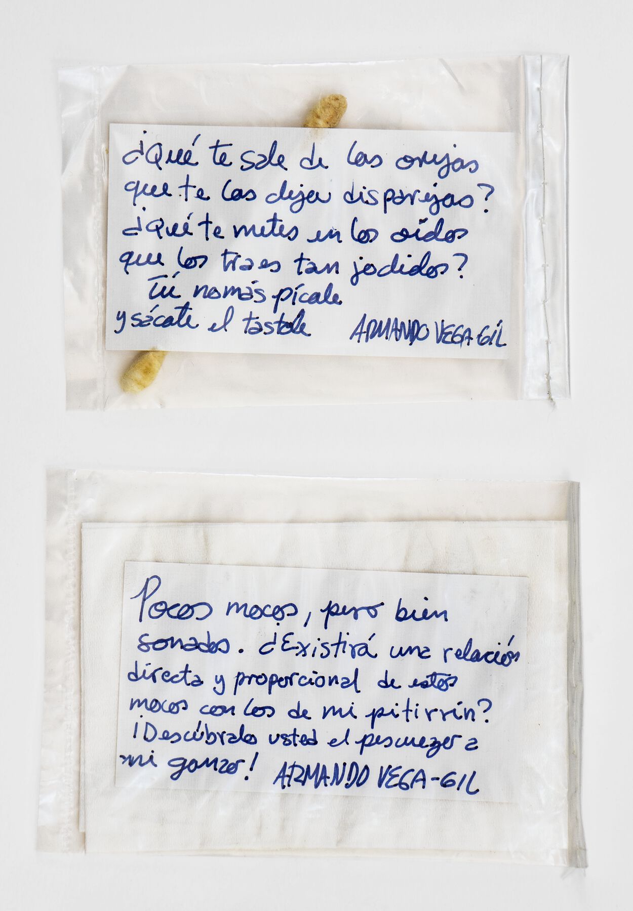 Two plastic packets organized from top to bottom with white notes that are written in Spanish with blue ink, the top card containing a dirty ear swab behind the card