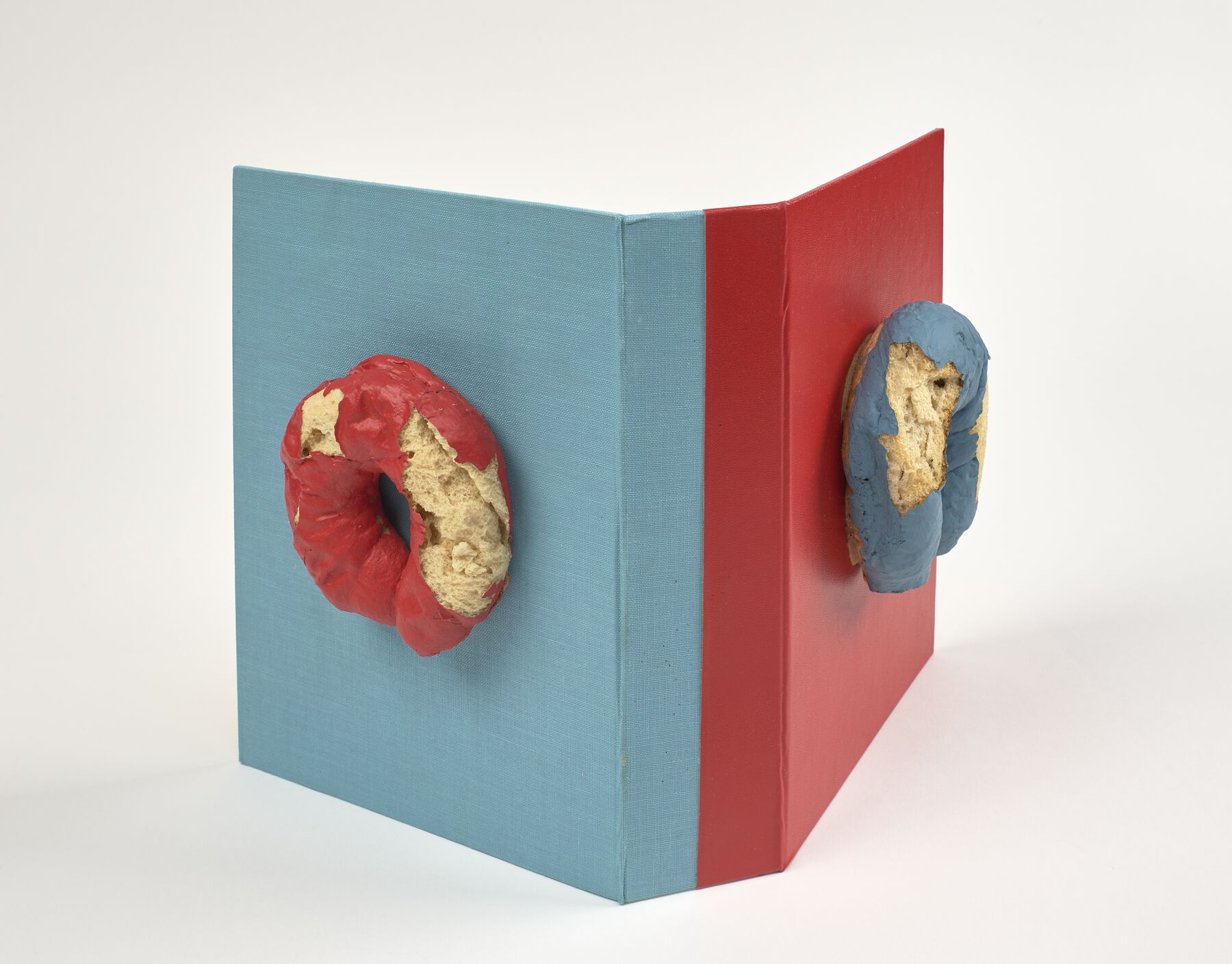 A book sculpture with a blue back cover and a red front cover with deteriorating bagels of their opposite color attached in front