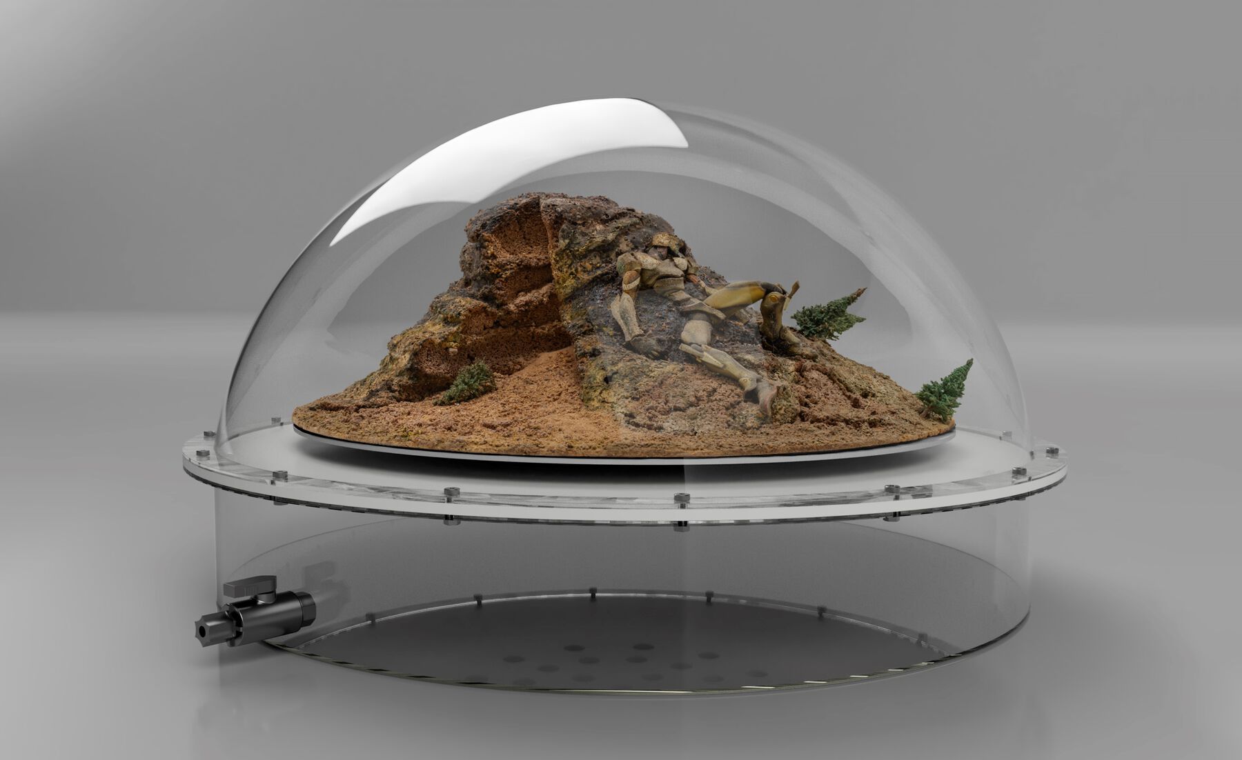 Brown model-hill-scape enclosed in semi-spherical glass case placed atop adjoining cylindrical case with metal device extruding