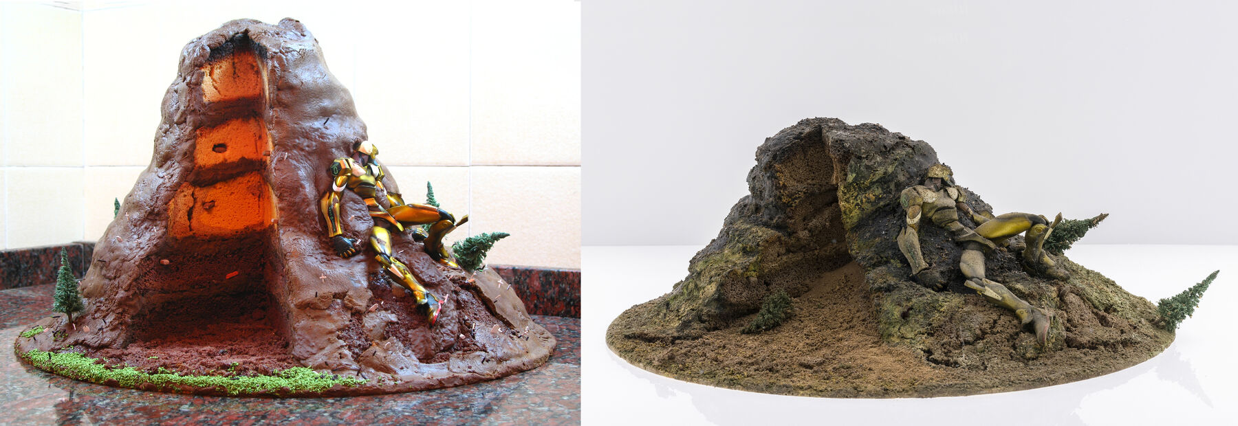 Split-view of figure laying on model-hill-scape: left, smooth interior cross-section glows red, right, crumbly, shorter hill in earthy tones