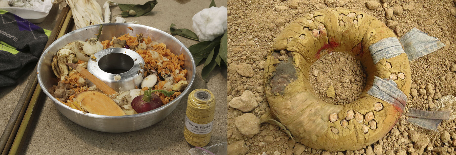 Split view: left, natural ingredients in a metal bowl; right, donut-shaped yellow block of organic material on dirt