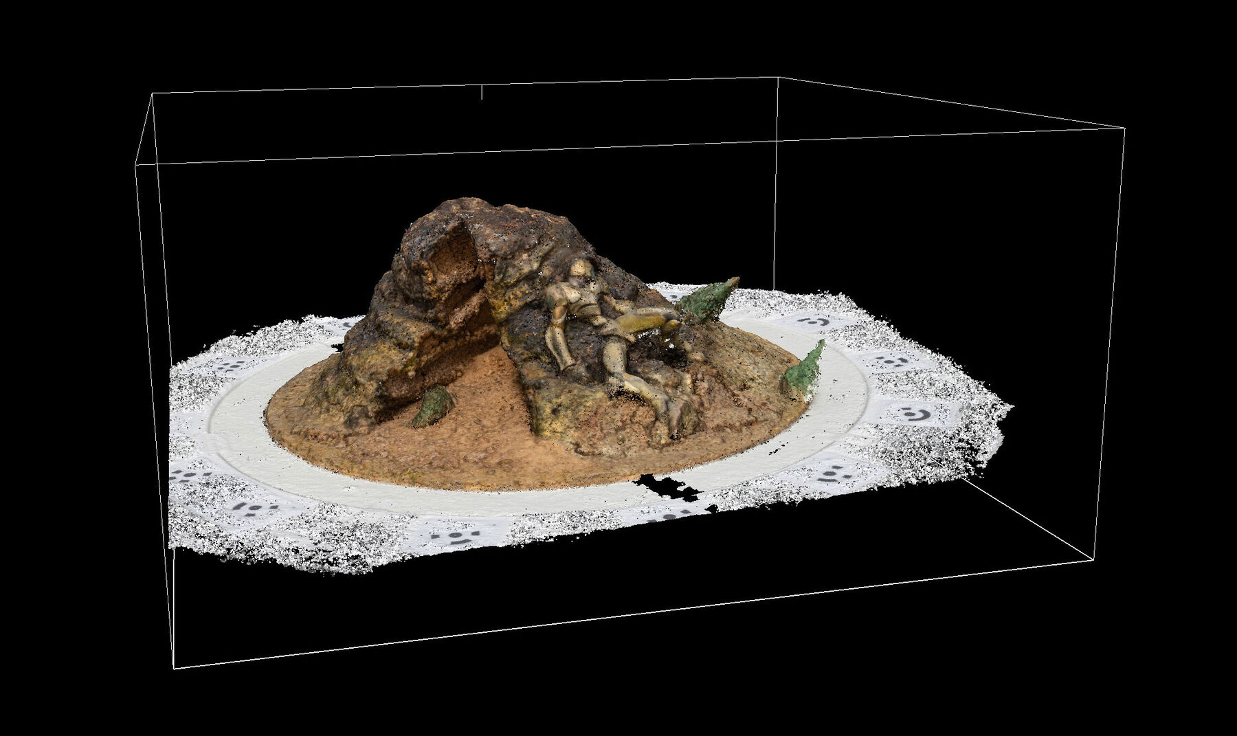 Brown and green model-hill-scape suspended in a black space and enclosed in transparent white rectangular-prism