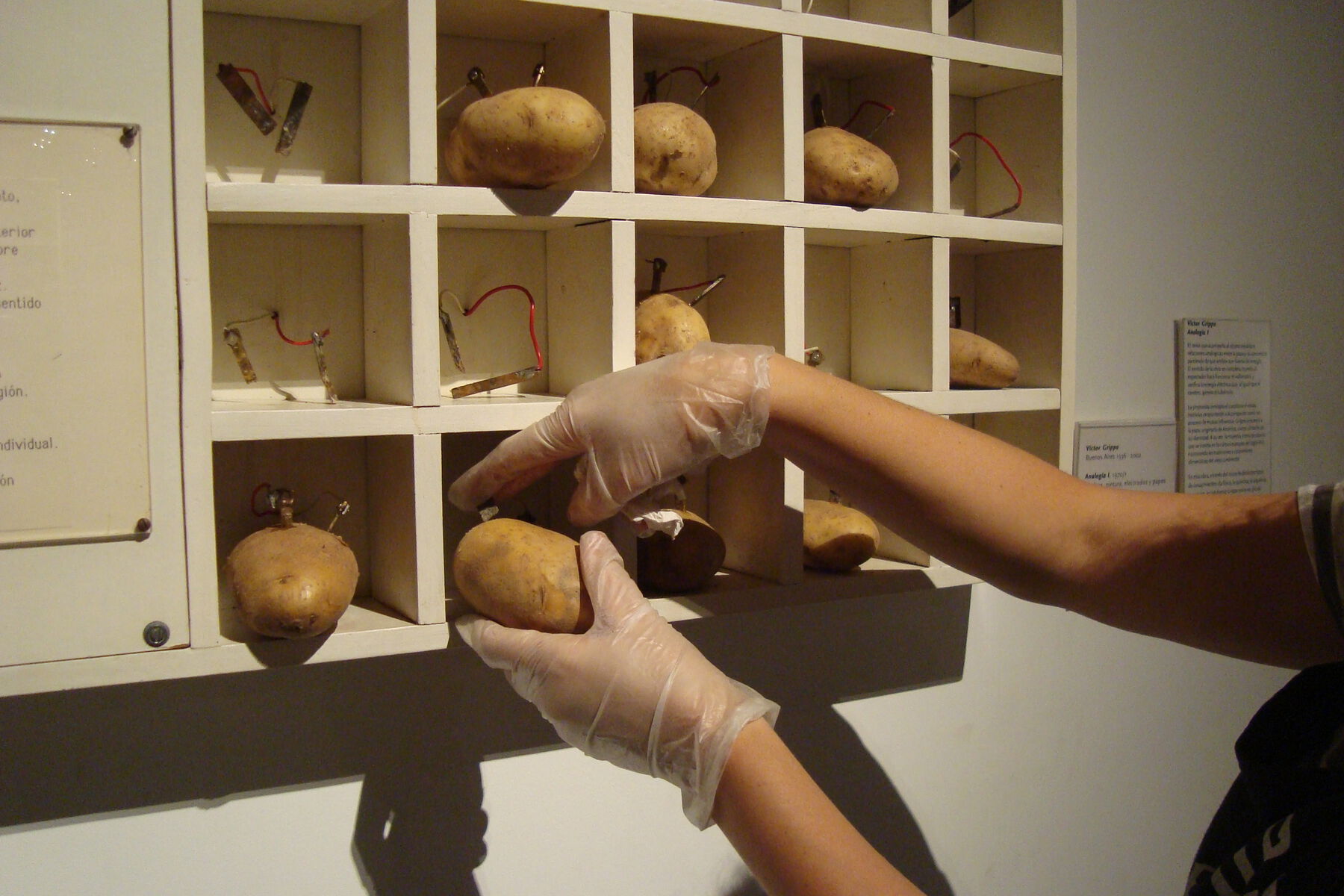 Gloved hands place the potato (with circuitry) into a shelf cubicle; some sections (missing potatoes) show exposed circuitry