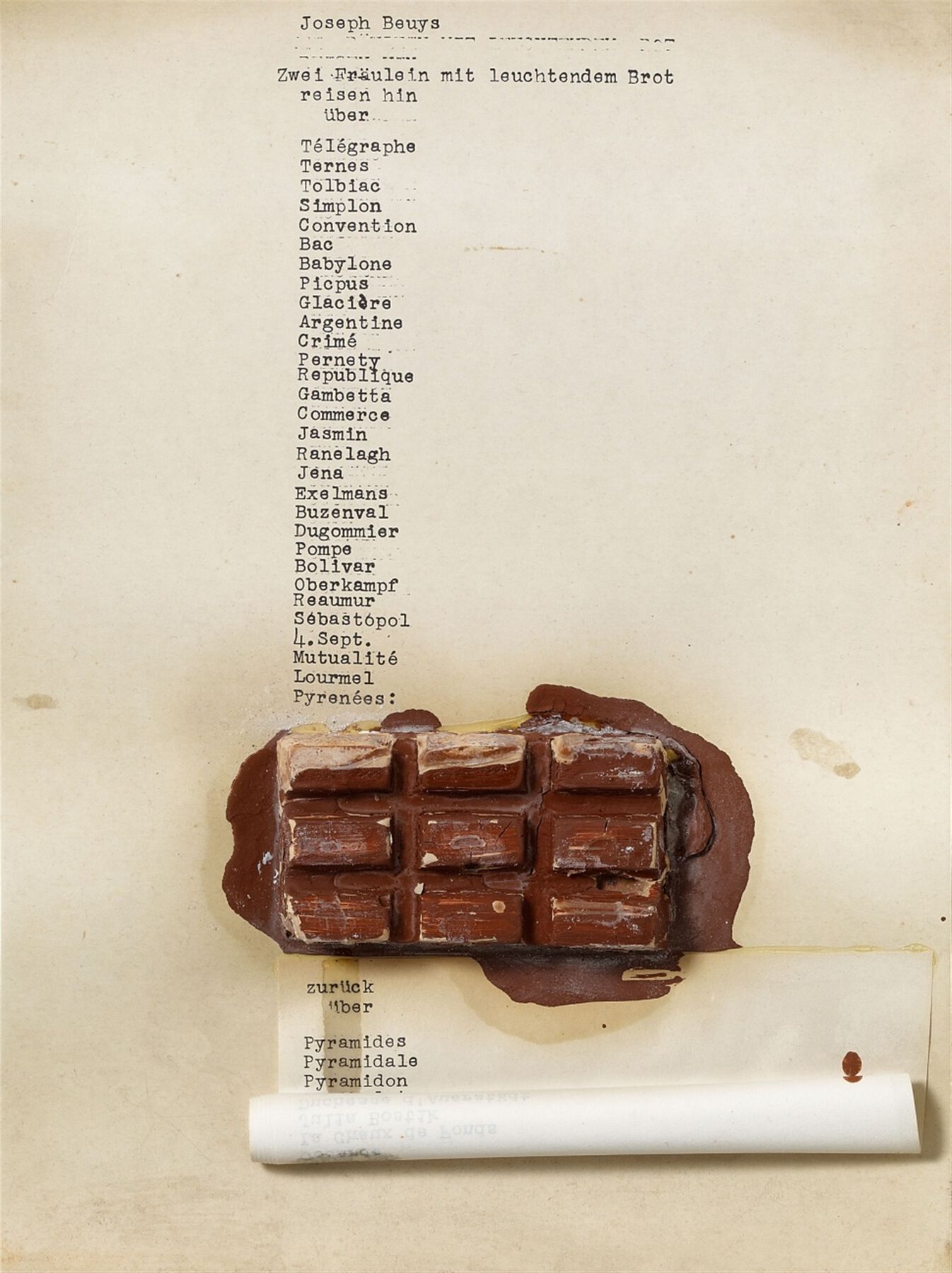 A printed paper that has a list of words with a painted melting chocolate bar on top of it