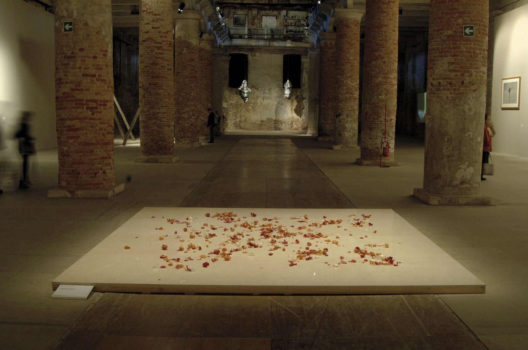 Red fragmented onion skins on large marble slab in expansive room with brick columns on either side