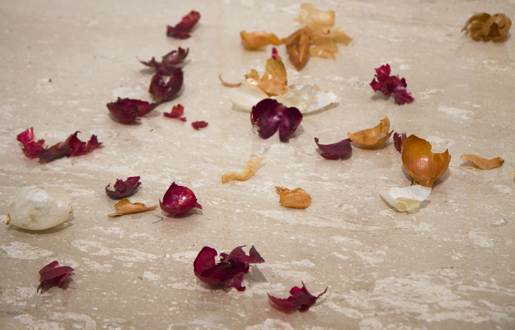 Closeup of purple, reddish-orange, and white peels in fragments on a tan slab with white accents