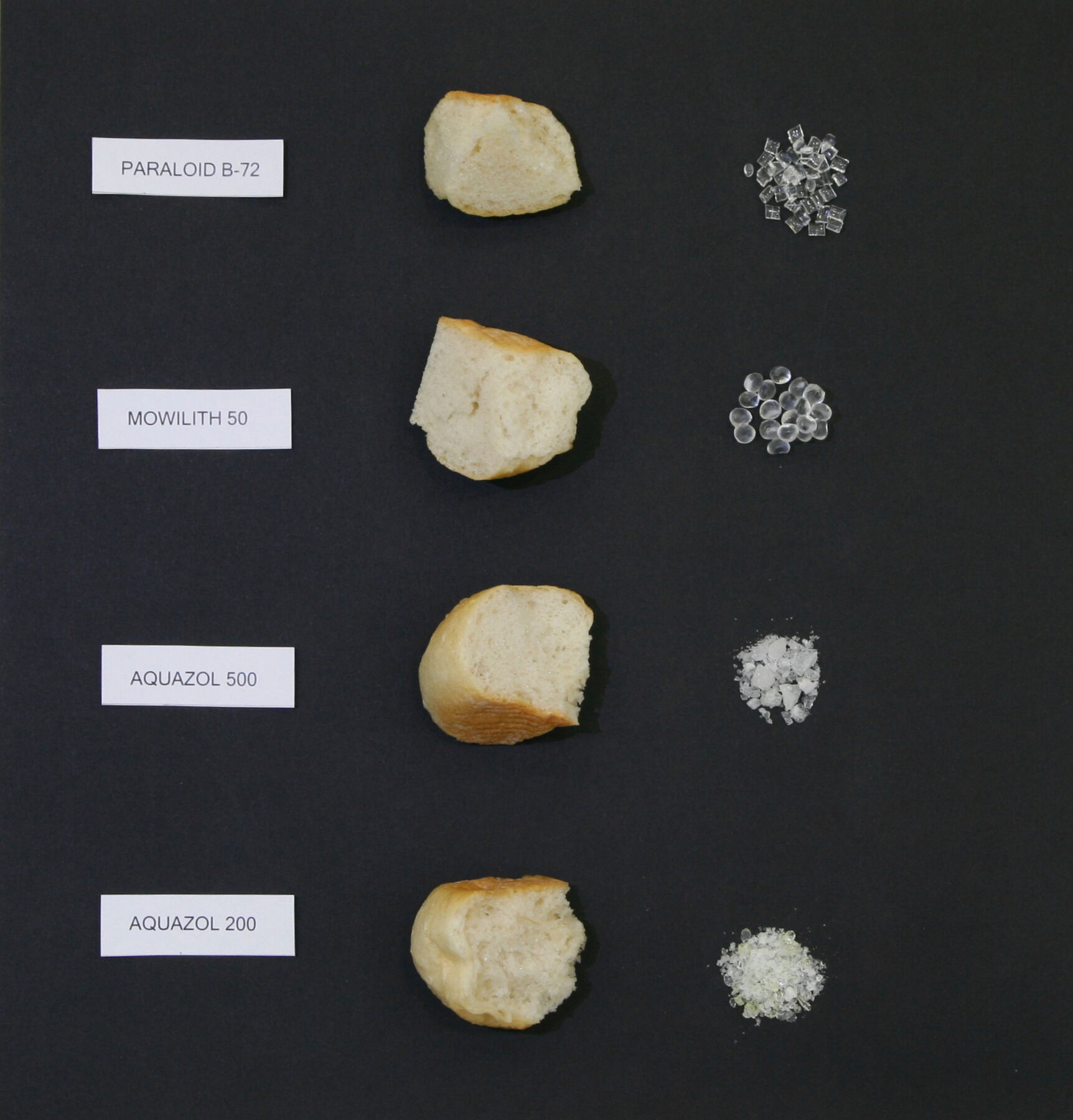 Organized samples of ‘Paraloid B-72’, ‘Mowilith 50’, ‘Aquazol 500’, and ‘Aquazol 200’ with labels next to bread chunks and polymer resins