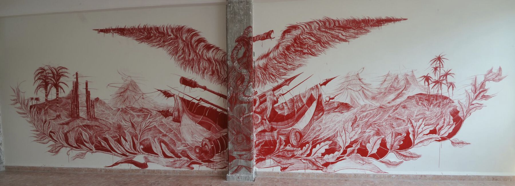 Vivid red bird with wings outstretched, clutching snake in beak—center drawn on protruding grey column; figures atop boat upon raging waters bordered by leafy plants