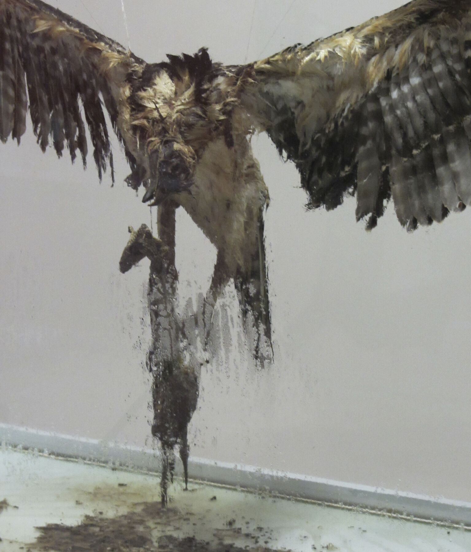 Closeup of rotting figures behind foggy glass; below is brownish sludge, yellow stain, and fragments