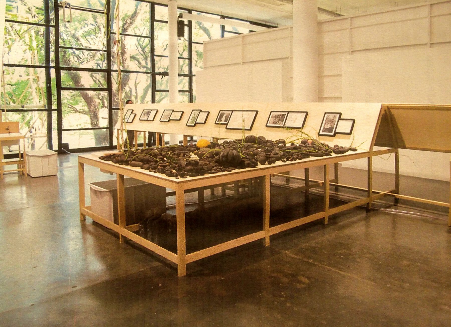 A table that is covered by encased clay vegetables and fruits