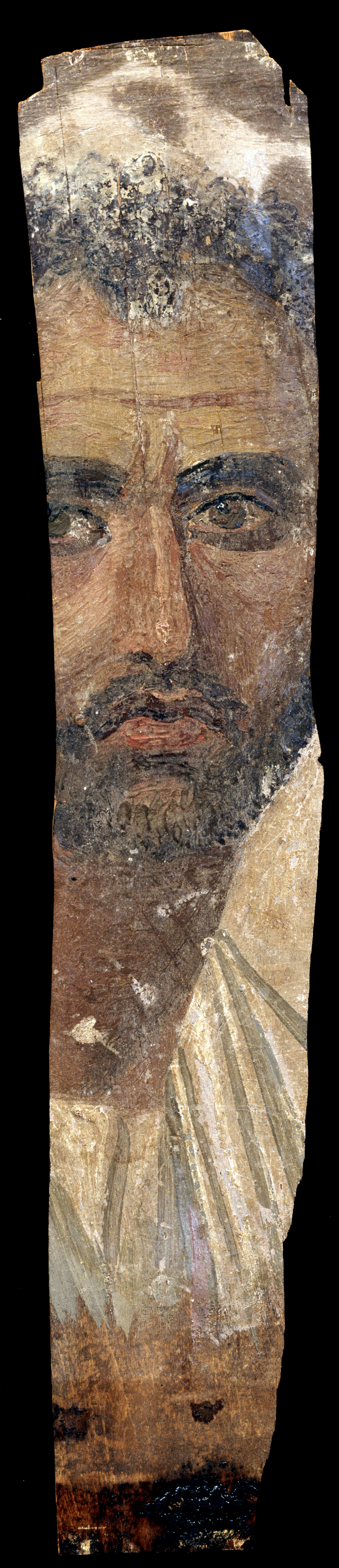Fragment of a mummy portrait of a bearded man. The paint is fading at his hairline, but what remains shows detail in the curls of his dark hair.