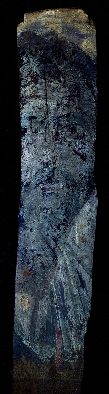 Ultraviolet-induced visible fluorescence image of a fragmented mummy portrait. The paint takes on a blue hue throughout, except for the man's hair, which is black.