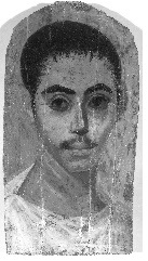 Grayscale image of a portrait of a man with an oval face that terminates in a pointed chin. He has short, dark hair, prominent eyebrows, and a thin mustache on his upper lip. He wears a tunic that appears in a bright white color in this rendering.