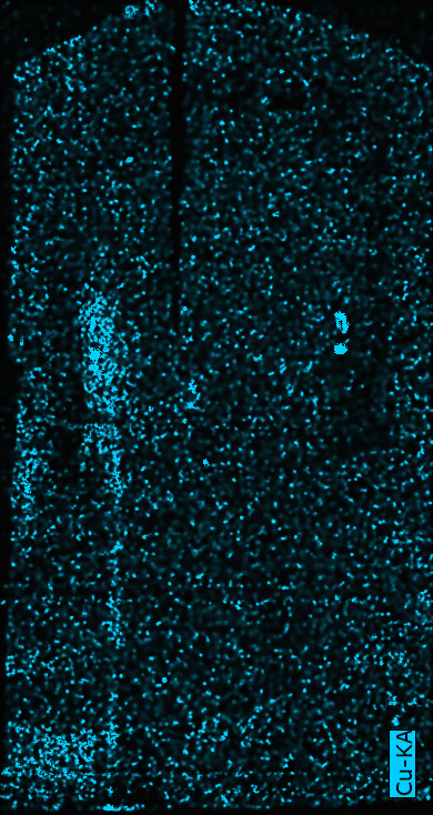 Dark rendering of a portrait featuring bright blue speckles across the painting indicating the scattered presence of copper.