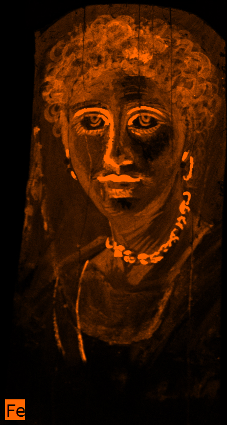 Portrait of a woman showcasing the outline of her facial features and her necklace in bright orange indicating the presence of iron pigments in these areas.