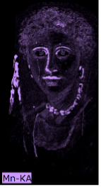 Portrait illustrating in bright purple the outline of the individual's facial features and necklace as well as an area on the background to the left of the individual's face indicating the presence of manganese.