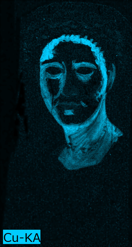 Portrait of a woman shown in black except for the contour of the woman's face and neck which appear in bright blue indicating the presence of copper in these areas.