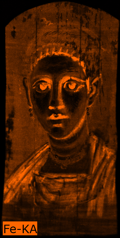 Portrait of a woman where the outline of her hairline, eyes, nose, lips, and the pleats in her clothing appear in bright orange indicating the presence of iron pigments in these areas.