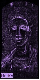 Portrait of a woman where the outline of her hairline, eyes, nose, lips, and her clothing appear in purple indicating the presence of manganese in these areas.