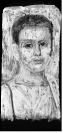 Grayscale image of the portrait of a child indicating in bright white the presence of lead across the child's face, upper body, and background. Only the child's hair and eyes remain dark.