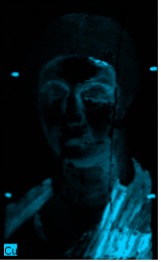 Portrait of a woman shown in black except for shadings in light blue on the left side of her face, her garments, and four well-defined spots around the portrait's edges.