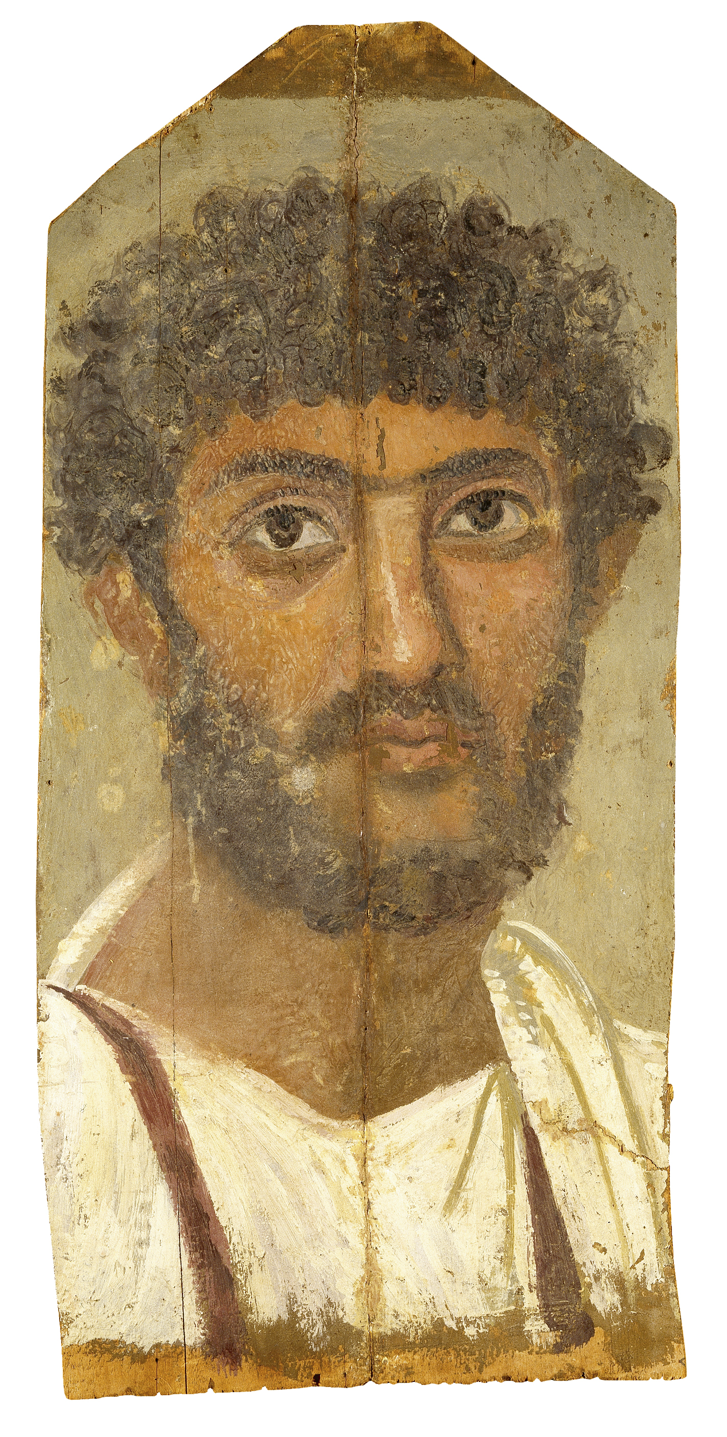 Portrait of a man with curly dark hair, a unibrow, and a full curly beard. He wears a white tunic with a reddish-brown thin vertical stripe coming down each shoulder.