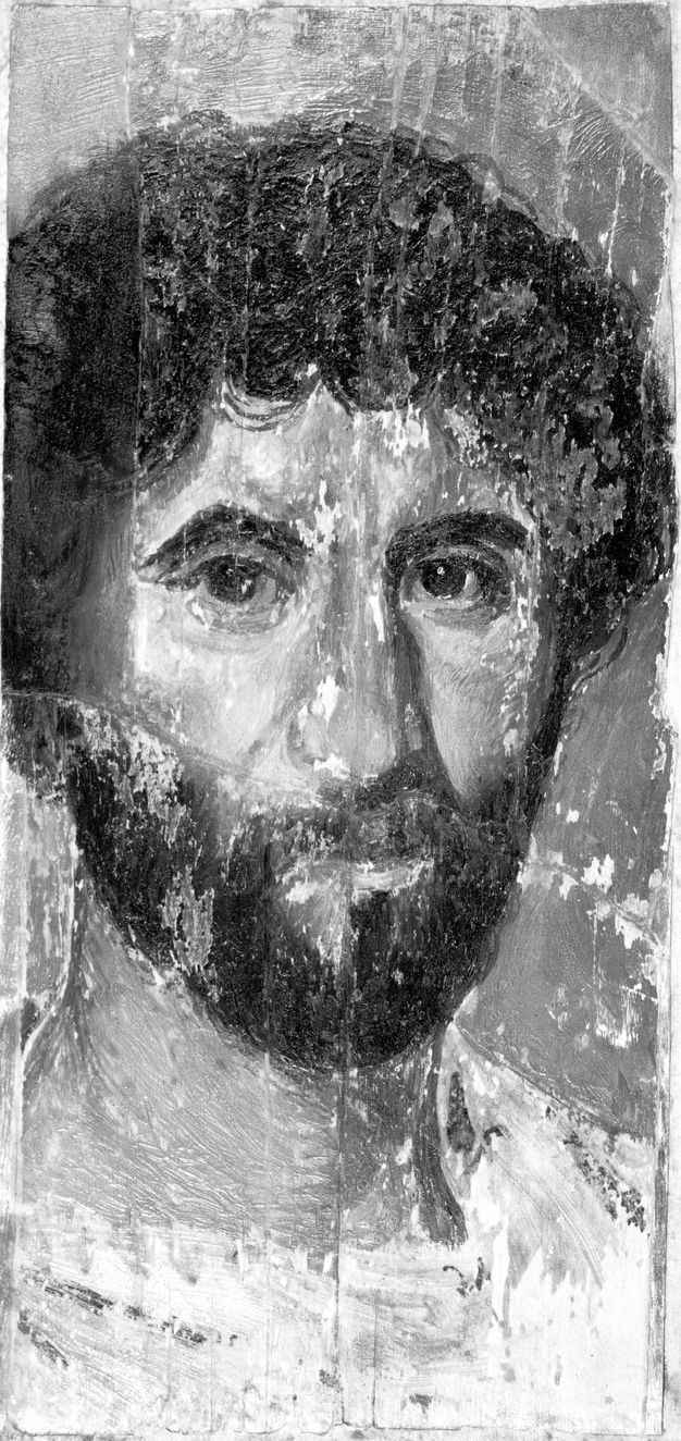 IR reflectance image of a portrait of a man showing the portrait in black and white.
