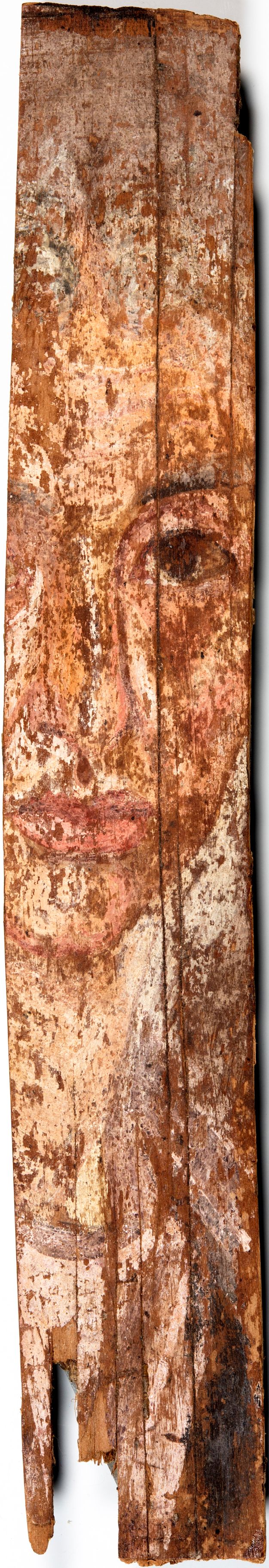 Fragment of a portrait of a lady with gray hair and a pink tunic. Most of her face is shown in the portrait, except for her right eye. Her neck is pale and her lips are a light pink. 