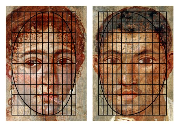 Two portraits of a man and a woman, each overlaid with a black grid system. The grid consists of numbered horizontal and vertical lines forming a curved rectangular shape aligned with the contours of each face. The two images show variations in facial proportions, alignment, and features such as eyes, nose, and mouth within the grid structure. The woman has red, curly hair and pale skin. The man has short black hair and tan skin. The woman's face is more of an oval structure, while the man's face is more rounded. 