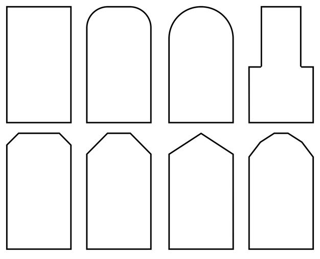 Diagram showing eight basic panel shapes, aligned in two rows of four each. The first panel is a rectangle. The second is rectangular with the top corners rounded off. The third is an arch. The fourth is a square with a narrower rectangle on top. The fifth panel (the first to the left on the lower row) is a rectangle with the top corners cut off diagonally. The sixth panel features a similar shape to the previous one with a narrow edge at the top. The seventh panel is a rectangular pentagon. The eighth is an arch but the curve isn't smooth and has small corners making it an octagon.