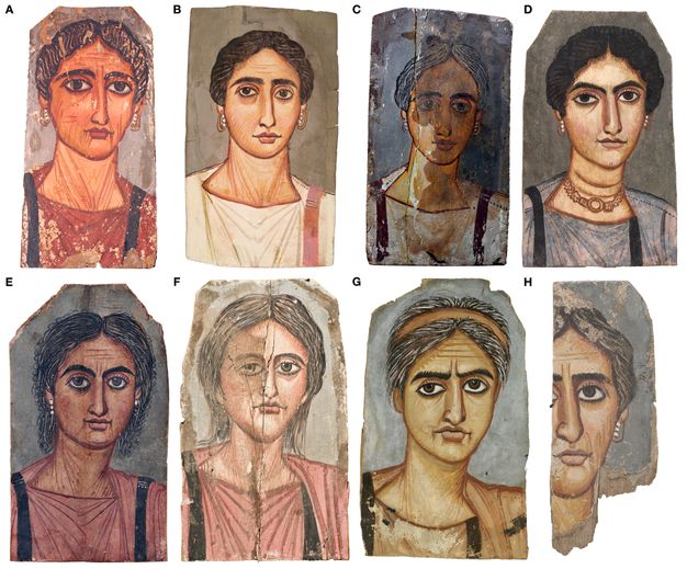 Eight female portraits, labeled A through H, shown in two rows of four. Each portrait depicts a frontal view of a woman’s face and upper torso, painted on wooden panels with varying levels of preservation. The portraits differ in artistic style and condition. Some are well-preserved with vivid detail, while others are faded, cracked, or partially missing. In image A, the woman has short, dark brown hair with curls framing her face. Her skin tone is light brown, and she has dark eyes. Her lips are small and tinted red. She wears a reddish-brown garment with a darker band at the neckline. The background is a muted beige with areas of wear and damage, especially along the edges. In Image B, the woman has dark, wavy hair parted in the middle and drawn back neatly. She has dark eyes, straight brows, and a subtle red tint on her lips and cheeks. She wears a white tunic with a thin pink stripe along the shoulder and small, round earrings. The background is light gray. Image C shows a woman with dark hair pulled back and a faded reddish garment. The image is cracked and worn, with a dark gray background. Image D shows a woman with dark hair and eyes. She wears layered gold necklaces and a gray garment with pink trim. The background is blue-gray. Image E shows a woman with dark hair parted down the middle and pulled back. She has brown eyes. She wears a reddish-brown garment with black straps. The background is grayish beige, with visible paint wear around the edges. Image F shows a woman whose image is heavily faded, with a vertical crack running through the middle. Her hair is dark brown, parted at the center, and tied back. Her facial features are faint. She wears a light reddish garment. The background is pale beige with areas of missing paint. Image G shows a woman with dark hair streaked with gray and visible wrinkles. She wears a brown garment with a light drape, set against a gray background. Image H shows only part of a woman's face, including one eye, part of her nose, and her mouth. Her hair is dark and she is wearing pearl earrings. The background is gray. 