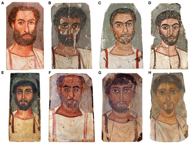 Eight portraits of men, labeled A through H, shown in two rows of four. Each portrait depicts a frontal view of a man’s face and upper torso, painted on wooden panels. The paintings vary in condition. Some are vivid and intact, others are faded or cracked. Image A shows a man who has short curly brown hair and a full beard. He wears a white tunic with red bands and appears against a light background. Image B shows a man with dark curly hair and beard. The paint is chipped and cracked, especially across the face. He wears a white tunic with a red stripe running down each shoulder. Image C shows a man whose hair and beard are dark with gray streaks. He has light skin and wears a white tunic with red shoulder bands. Image D shows a man with short, dark hair and a beard against a neutral background with a chipped edge. He wears a light garment with red stripes. Image E shows a man who has thick dark hair and a short beard. He wears a white tunic with reddish details. Image F shows a man who has thinning gray hair and a beard. His tunic is light with reddish-brown edging. The background shows areas of paint loss. Image G shows a man with dark curly hair and a full beard. His garment is light with narrow straps. The background is brown-gray with wear. Image H shows a worn image of a man with light brown hair, a short beard, and a white tunic. The background is faded and cracked.